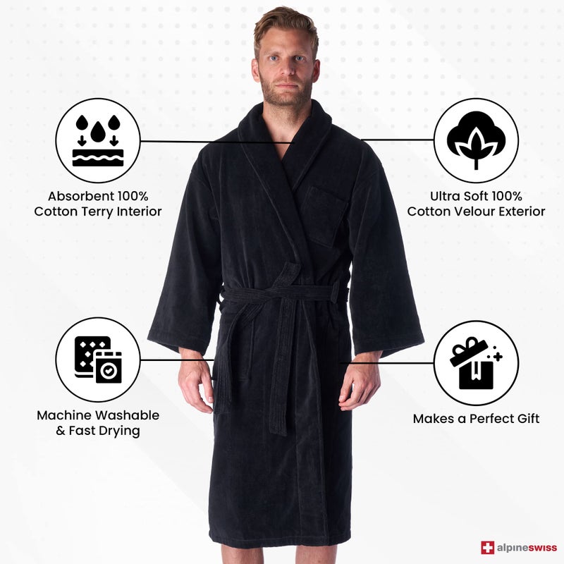Alpine Swiss Pure Cotton Mens Terry Cloth Bathrobe Super Absorbent Spa Robe BLK XLXXL - Image 3